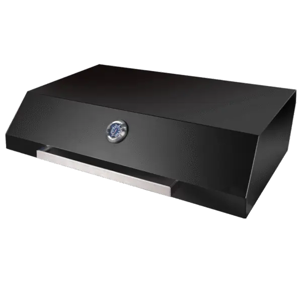Artusi ABHOODMB matte-black roasting hood with temperature gauge.