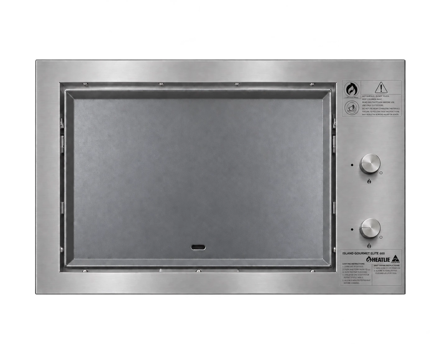 Heatlie Island Gourmet Elite 600 built-in BBQ, flat plate, top view.